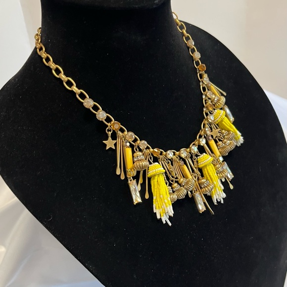 Ann Taylor Necklace Bib Yellow Beads Clear Color Faceted Rhinestones 10 1/2” - Picture 3 of 10